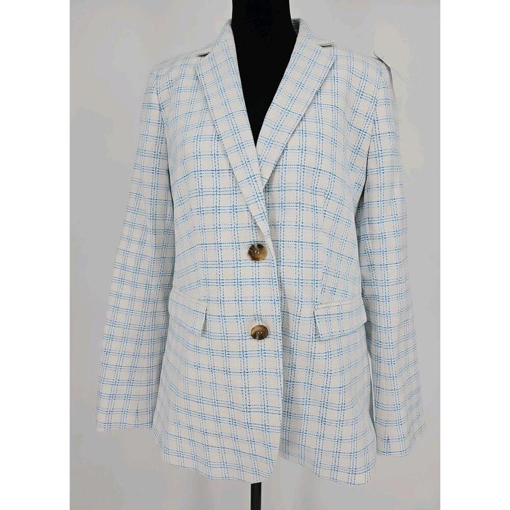 Ann Taylor White Blazer with Light Blue Windowpane Plaid